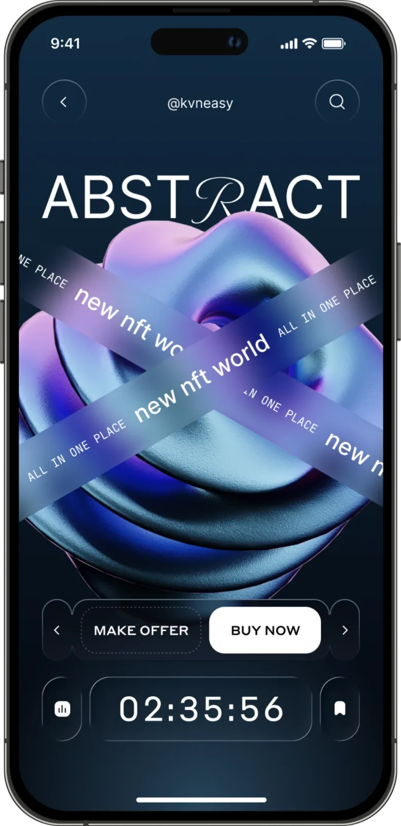 NFT drop page: 3D abstract shape crossed by ribbons, buy now and a countdown