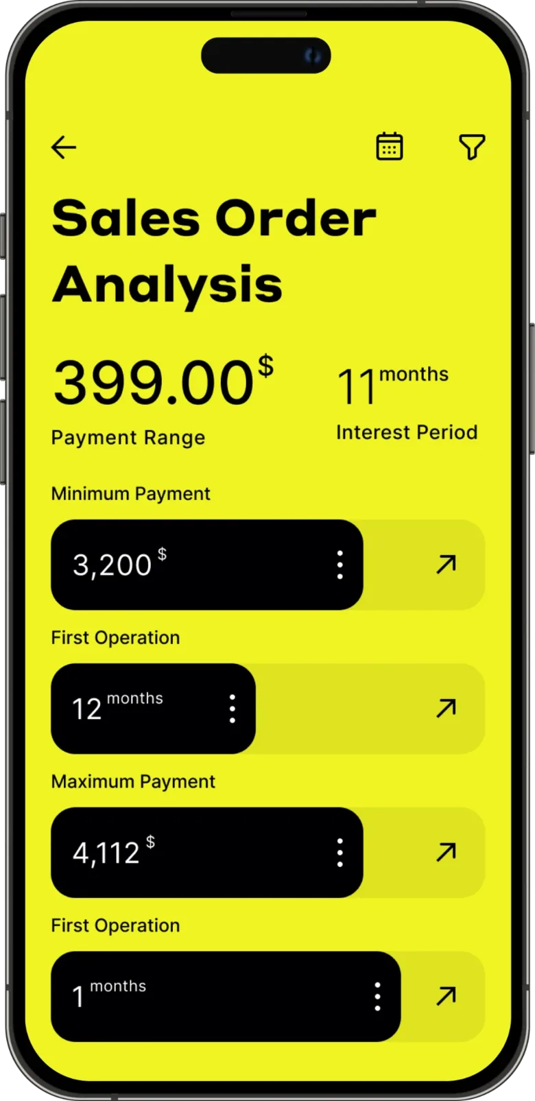 Sales order analysis: payment range and limits on a yellow screen
